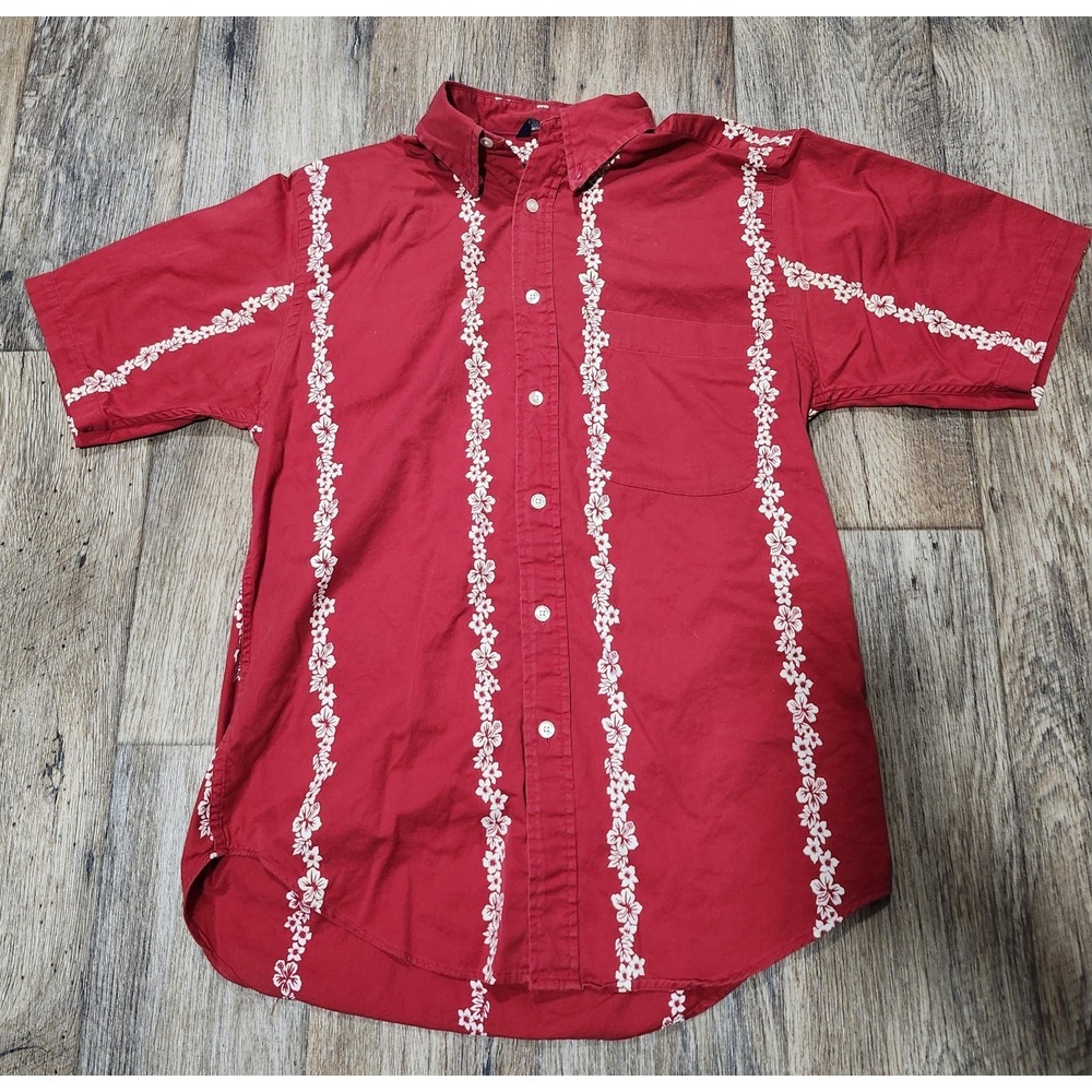 Nautica Vintage 90s Hawaiian Camp Shirt Red White Tropical Floral Men's Small